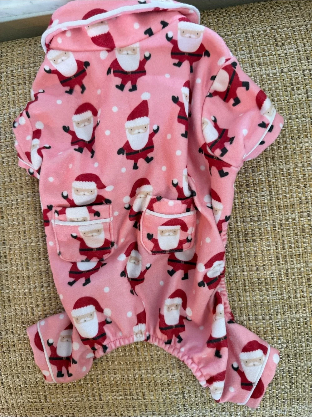 Pink Santa Print Fleece Dog Pajama Onesie
